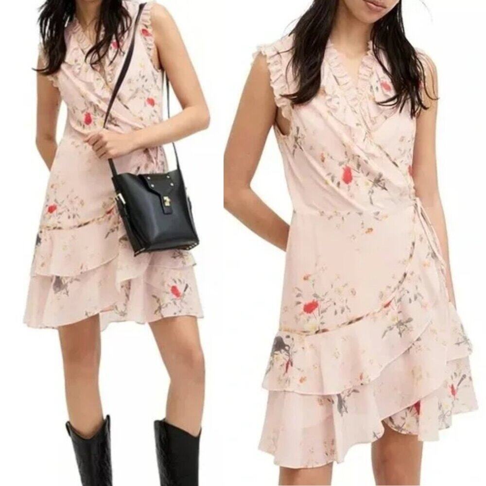 ALL SAINTS Ari Kora Dress Size 6 Floral Boho Chic Feminine Wrap Ruffle Fairy